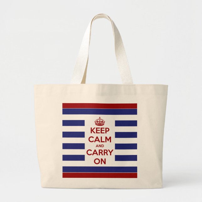 Grand Tote Bag Gardez le calme et continuez blanc et bleu rouges (Devant)
