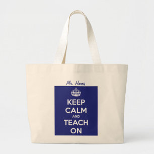 Grand Tote Bag Gardez le calme et l'enseignez sur le bleu