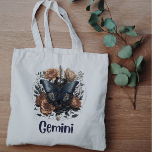 Grand Tote Bag Gemini Zodiac Art Vintage avec texte bleu foncé