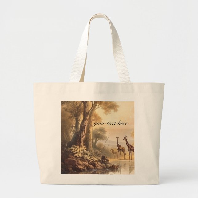 Grand Tote Bag girafes botaniques vintages, personnalisables (Devant)