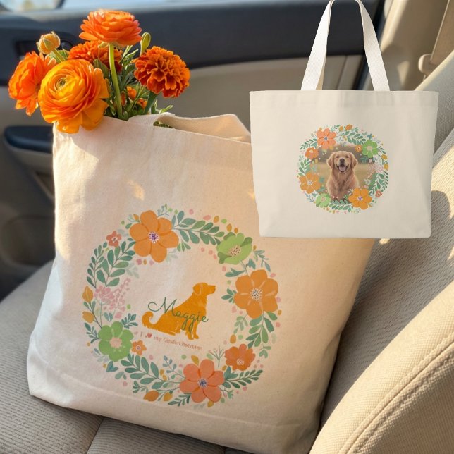 Grand Tote Bag Golden Retriever Pastel Orange Personalized (Créateur téléchargé)