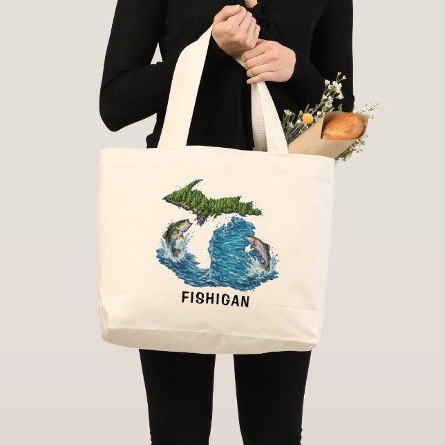 Grand Tote Bag Graphisme de l'État du Michigan avec Poisson (Devant (produit))