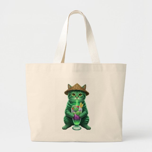 Grand Tote Bag Green cat drinking ice  (Devant)