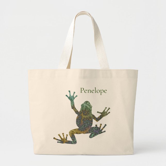 Grand Tote Bag Grenouille cool verte et dorée fractée avec nom (Devant)