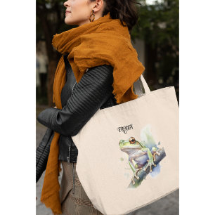 Grand Tote Bag Grenouille d'arbre aquarelle mignonne, personnalis
