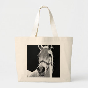 Grand Tote Bag Gros plan Cheval blanc noir en nuit