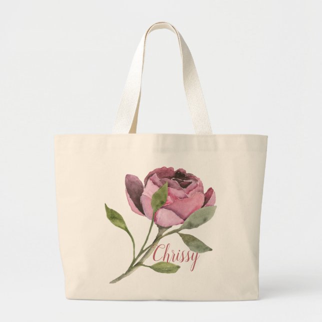 Grand Tote Bag Grosse fleur rose avec nom (Devant)