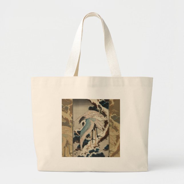 Grand Tote Bag Grues sur un pin couvert de neige Hokusai (Devant)