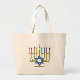 Grand Tote Bag Hanoukka Rainbow Candles Gold Menorah