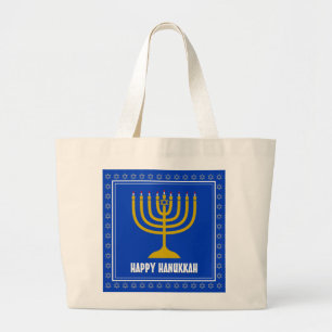 Grand Tote Bag HANOUKKA Star David Menorah Personnalisé BLEU