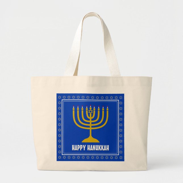 Grand Tote Bag HANOUKKA Star David Menorah Personnalisé BLEU (Devant)