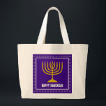 Grand Tote Bag HANUKKAH Star David Menorah<br><div class="desc">Stylish bag est mort with gold colored menorah and silver colored star of David on a royal rich PURPLE background. The greeting HAPPY HANUKKAH is customizable so you can add your name or change the greeting. Other matching items are available in the HANUKKAH Collection by Berean Designs, so you can...</div>