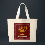 Grand Tote Bag HANUKKAH Star David Menorah Personalized<br><div class="desc">Stylish Bag est mort avec or colored menorah and silver Colored Star of David on a BURGUNDY WINE RED background. The greeting HAPPY HANUKKAH is customizable so you can add your name or change the greeting. Other matching items are available in the HANUKKAH Collection by Berean Designs, so you can...</div>