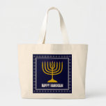 Grand Tote Bag HANUKKAH Star David Menorah Personnalized DARK BLU<br><div class="desc">Stylish bag est mort avec or colored menorah and silver colored star of David on a DARK BLUE background. The greeting HAPPY HANUKKAH is customizable so you can add your name or change the greeting. Other matching items are available in the HANUKKAH Collection by Berean Designs, so you can create...</div>