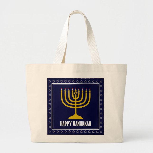 Grand Tote Bag HANUKKAH Star David Menorah Personnalized DARK BLU (Devant)