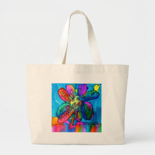 Grand Tote Bag Happy Flower's art rose et bleu stylo et encre