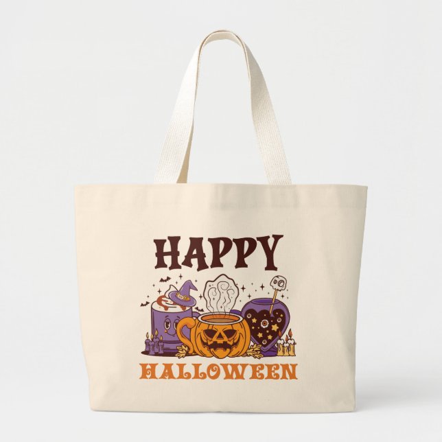Grand Tote Bag Happy Halloween café brasse (Devant)
