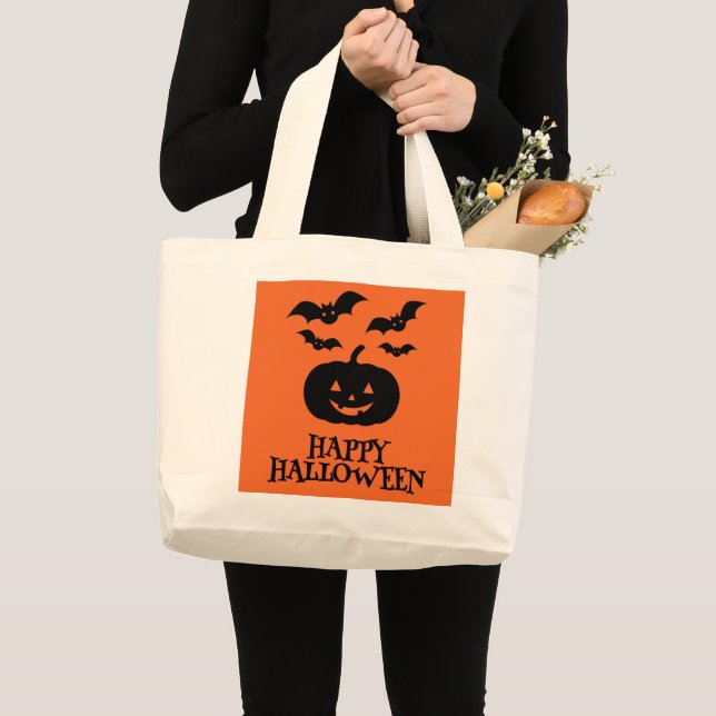 Grand Tote Bag Happy Halloween Pumpkin Bat Minimal (Devant (produit))