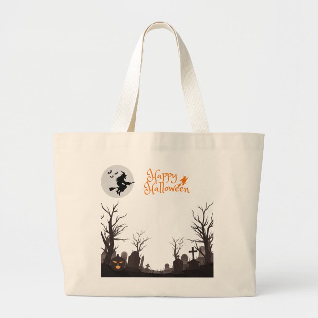Grand Tote Bag Happy Halloween Witch Silhouette Design (Devant)