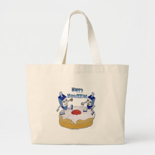 Grand Tote Bag Happy Hanukkah Dancing Dreidels Jelly Doughnut