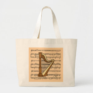 Grand Tote Bag Harpe avec l'arrière - plan de musique de feuille