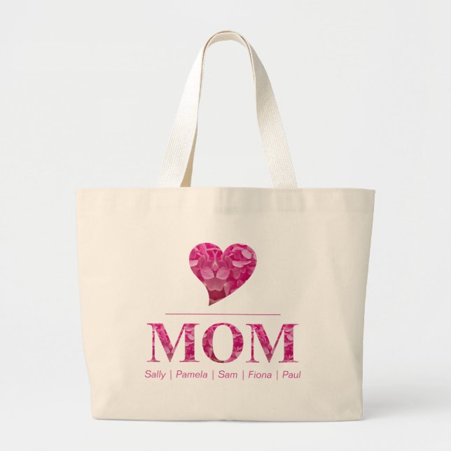 Grand Tote Bag Heart MOM rose floral mignon Noms personnalisés (Devant)