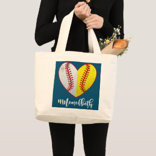 Grand Tote Bag Heart Softball Baseball Maman des deux Fête des Mè