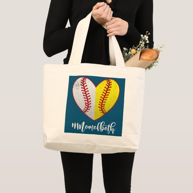 Grand Tote Bag Heart Softball Baseball Maman des deux Fête des Mè (Devant (produit))