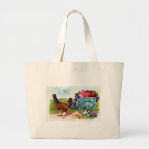 Grand Tote Bag Hen tirant le chariot Carte postale Vintage de Pâq
