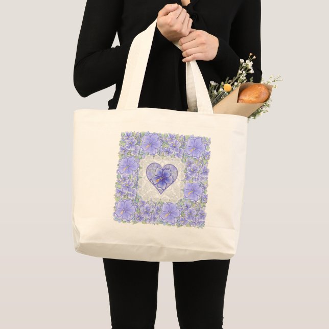 Grand Tote Bag hibiscus & dentelle BLEU (Devant (produit))