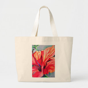 Grand Tote Bag Hibiscus rouge fleurs tropicales aquarelle art