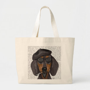 Grand Tote Bag Hipster Dachshund Noir et Tan
