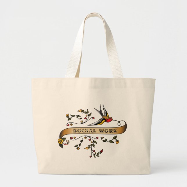 Grand Tote Bag Hirondelle et rouleau avec le travail social (Devant)