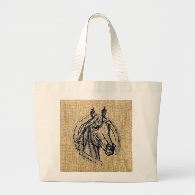 Grand Tote Bag Horse Cameo on Burlap (Devant)