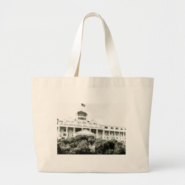 Grand Tote Bag Hôtel grand, île de Mackinac, noire et blanche (Devant)