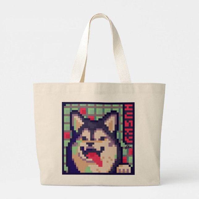 Grand Tote Bag Husky, Pixel Art, pixelart (Dos)
