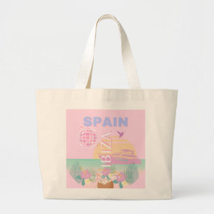 Grand Tote Bag Ibiza, Espagne, Art Voyage, Art Preppy, Rose