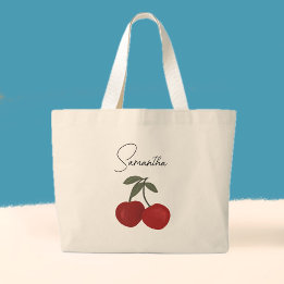 Grand Tote Bag Illustration de deux cerises rouges | Art de fruit