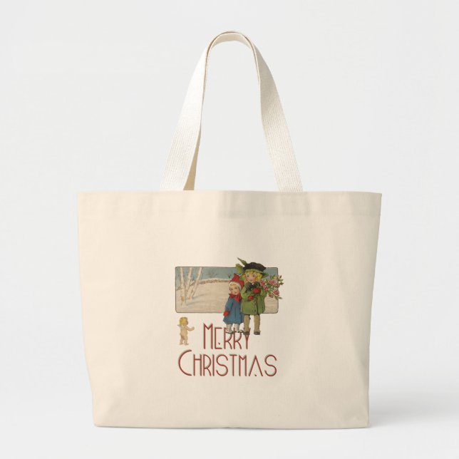 Grand Tote Bag Illustration de Noël Antique Enfants 1920 (Devant)