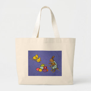 Grand Tote Bag Illustration de Pâques : lapin qui couve des œufs
