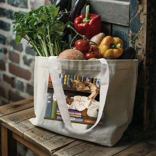 Grand Tote Bag Illustration d'une étagère à livres avec des chats