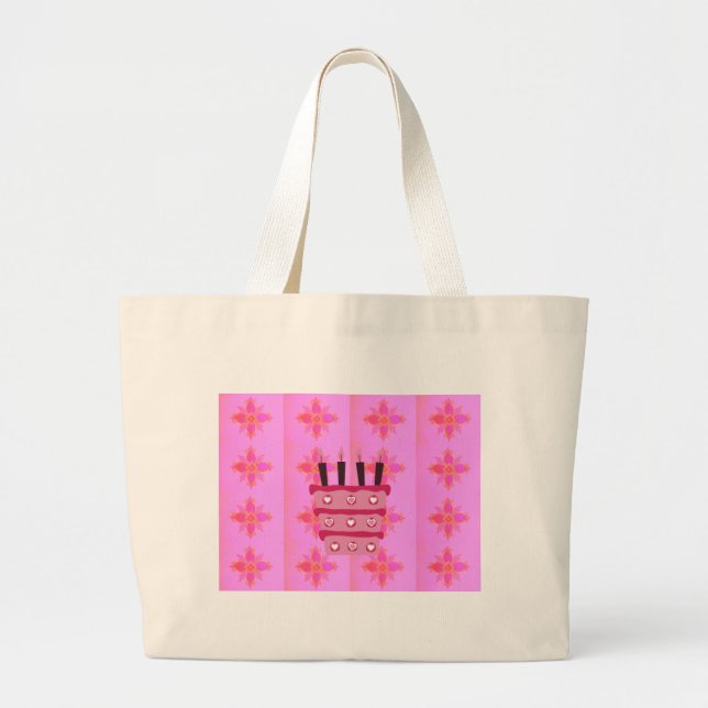 Grand Tote Bag Impression d'art de gâteau d'anniversaire rose (Devant)