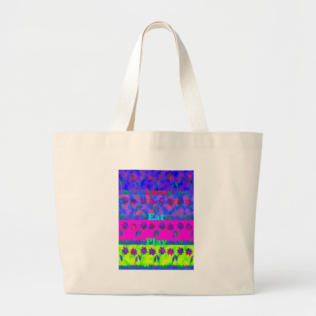 Grand Tote Bag Imprimer Art Motivational Vibrant "Eat Love & Play (Devant)
