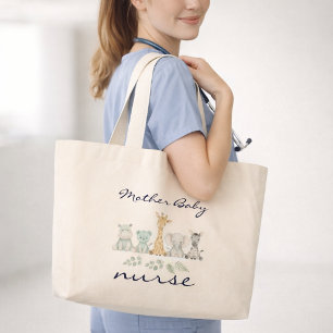 Grand Tote Bag Infirmière Mère Bébé Safari Jungle Crèche Animaux