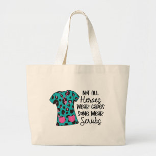 Grand Tote Bag Infirmière Typographie Moderne Héros Léopard Scrub