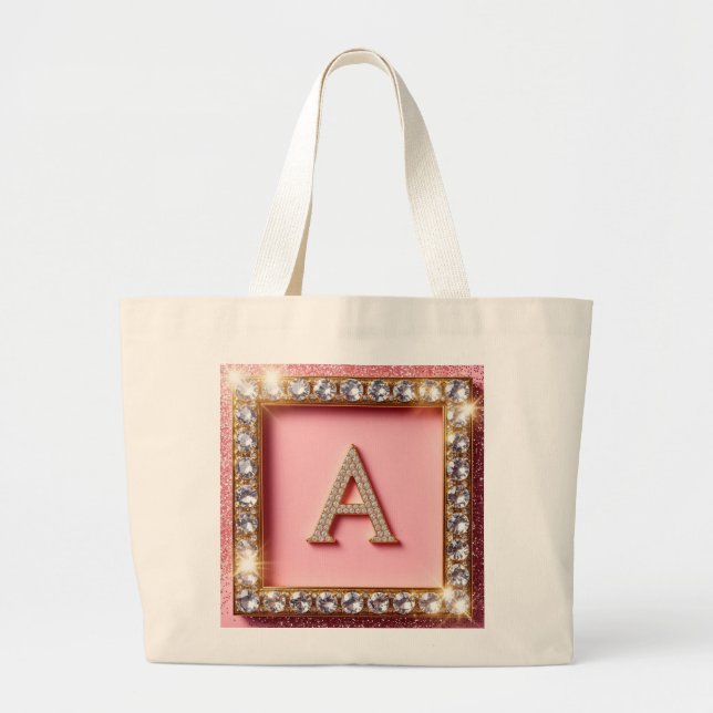 Grand Tote Bag Initiale A Diamant Cadre Doré Paillettes Roses Mon (Devant)