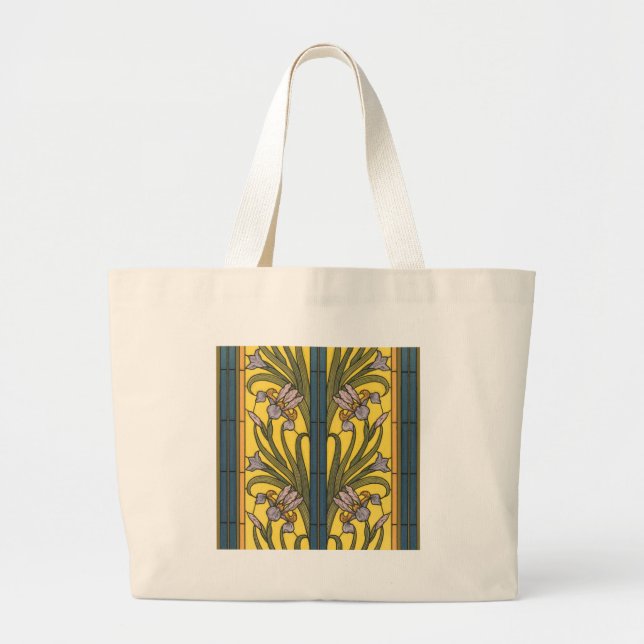 Grand Tote Bag Iris Fleur Art Nouveau Vitrail Bleu Or (Devant)