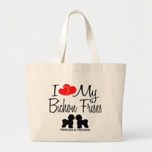 Grand Tote Bag J'Aime Mes Deux Chiens Bichon Frise