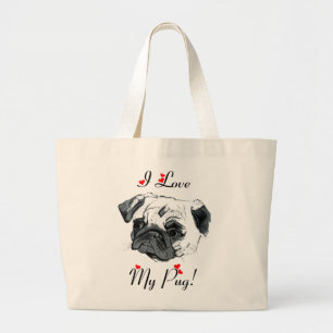 Grand Tote Bag J'aime mon carlin ! Mignon