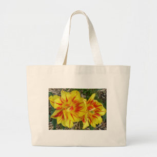 Grand Tote Bag Jaune avec Fleur rayée rouge